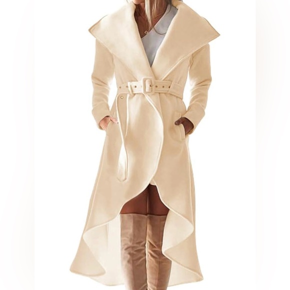 Women's Collared High-Low Woolen Wrap Coat with Detatchable Belt - Ivory - L - Picture 9 of 13